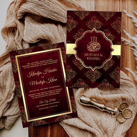 Rustic Gold Maroon Red Damask Muslim Wedding Invitation Pakistani Wedding Invitations, Gilderoy Lockhart, Bilingual Wedding, Simple Wedding Cards, Muslim Wedding Cards, Muslim Wedding Invitations, Purple Invitations, Masquerade Theme, Red Wedding Invitations