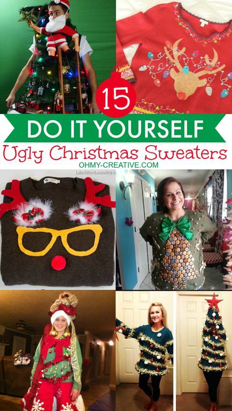 15 Do It Yourself Ugly Christmas Sweaters you can make! Get creative and make your own Ugly Christmas Sweater with these 15 inspiring ideas! Diy Ugly Christmas Sweater Ideas, Ugly Christmas Sweater Ideas, Christmas Sweater Ideas, Diy Christmas Sweater, Ugly Sweater Diy, Diy Ugly Christmas Sweater, Tacky Christmas Sweater, Hallowen Ideas, Sweater Ideas