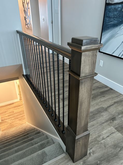 How To Install New Stair Railing, Bilevel Staircase Ideas, Hallway Railing Ideas, Banisters And Railings Farmhouse, Half Wall Staircase Railings, Home Entrance Decor Luxury, Home Entrance Decor Outdoor, Stairs Half Wall, Open Staircase Ideas Half Walls