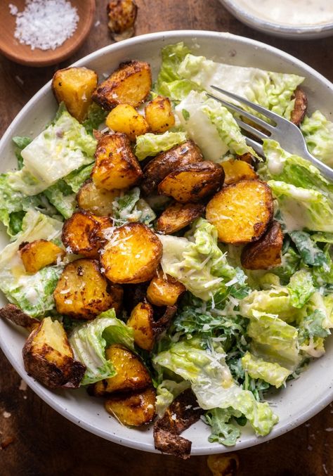 Crispy Potato Caesar Salad Crunchy Potatoes, Slow Roasted Tomatoes, Romaine Salad, Caesar Salad Recipe, Chickpea Pasta, Roasted Tomato, Crispy Potatoes, Romaine Lettuce, Salad Bar