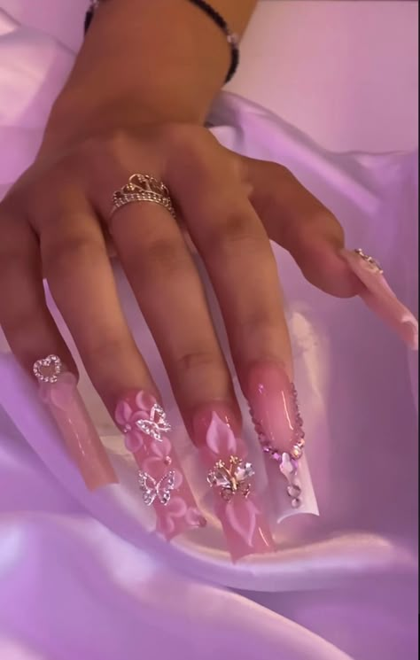 Acrylic Nail Gems Rhinestones, Pink Nails Gems Bling, Pink Long Bling Nails, Pink Glitter Nails With Gems, Long Pink Acrylic Nails With Rhinestones, Butterfly Diamond Nails, Nail Designs Summer With Gems, Pink Glitter Nails With Rhinestones, Pink Boujee Nails