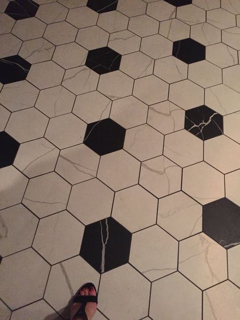 Large black and white hex tile floor Black White Hexagon Floor, Hex Tile Patterns Black White, Large Hex Tile Floor, Black And White Hexagon Tile Bathroom Floor Patterns, Pantry Floor Tile, Black And White Hexagon Tile Bathroom, Black And White Hex Tile, White Hexagon Tile Floor, Octagon Tile Floor