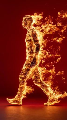 ↑↑↑ Larger size on website 🔸 The image depicts a human figure engulfed in flames, walking forward against a red backdrop. The fla Profile No Face, Spider Woman Oc, Walking Forward, Man On Fire, Circus Acts, Red Backdrop, Make Your Own Character, Helmut Newton, Fire Art