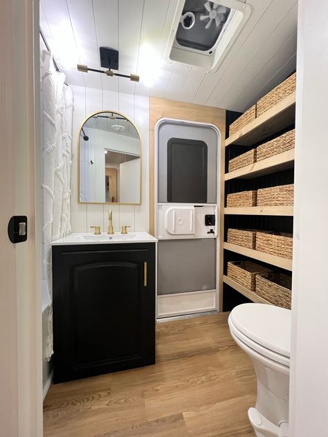 Diy Camper Bathroom, Trailer Bathroom Remodel, Trailer Bathroom, Camper Bathroom, Gold Faucet, Bathroom Vanity Top, Rv Bathroom, Diy Camper Remodel, Rv Living Full Time