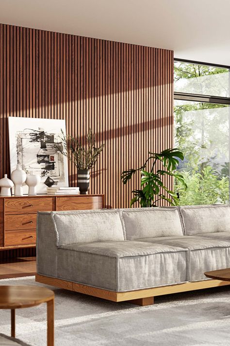 Slatted Wooden Wall, Slate Panel Wall, Wood Slat Feature Wall Living Room, Mid Century Wood Slat Wall, Wood Slate Walls, Timber Panelling Wall Interiors, Wooden Wall Panelling Living Room, Living Room Wood Slat Wall, Vertical Slat Accent Wall