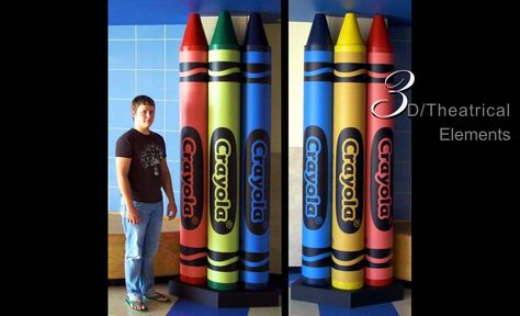 3D objects.  Giant Crayola Crayons.  3D objects created by Murals By Renick, Houston, TX.  (940) 230-6829, www.muralsbyrenick.com.  Houston muralist. Giant Crayon, Crayon Decorations, Art Teacher Resources, Back To School Party, Crayola Crayons, Amazing Street Art, School Party, Class Projects, Acrylic Mirror