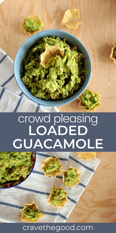 Chock full of fresh avocados, jalapeños, onions, tomatoes, garlic and a secret ingredient, this loaded guacamole recipe is going to be your new favourite! | cravethegood.com Guacamole Recipe No Onion, Guacamole Recipe No Tomato, Guacamole Recipe No Cilantro, Loaded Guacamole, Chips And Guacamole, Easy Guacamole Recipe, Mexican Guacamole, Cilantro Recipes, Wing Sauce Recipes