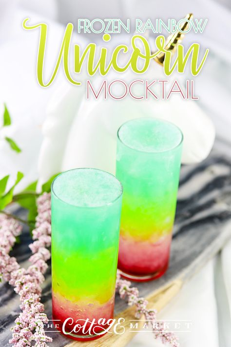 Frozen Rainbow Unicorn Mocktail A fabulous Drink that is great at parties...showers...even weddings...also a wonderful treat for the kids! Unicorn Mocktail, Nye Kids, Fun Kids Drinks, Resep Starbuck, Kids Drinks, Rainbow Drinks, Mocktail Drinks, Kid Friendly Drinks, Alcholic Drinks