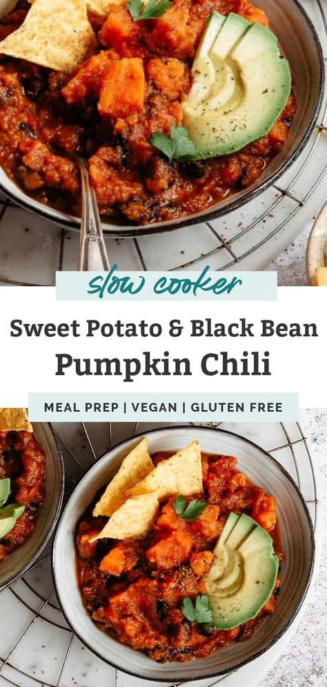 This super simple Vegan Sweet Potato Black Bean Pumpkin Chili comes together with pantry staples in just 4 hours in the crockpot. This easy slow cooker recipe is made vegetarian with sweet potato, black beans, pumpkin and tomatoes. Healthy, hearty and filling with 8 grams of fiber, 7 grams of plant protein, and 37 grams of complex carbohydrates. Make it spicy or keep it mild for the perfect comforting winter meal. A naturally gluten free and dairy free option for game day or a family friendly Black Bean Pumpkin Chili, Chili Bean, Chili Vegan, Pumpkin Recipes Dinner, Canned Pumpkin Recipes, Pumpkin Chili Recipe, Vegan Crockpot Recipes, Sweet Potato Black Bean, Vegan Crockpot