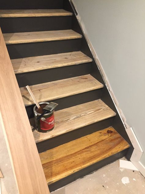 Staircase Remodel - DIY Basement Stair Transformation — Revival Woodworks Staircase Remodel Diy, Refinish Stairs, Basement Stair, Diy Staircase Makeover, Basement Steps, Basement Decoration, Stair Renovation, Stairs Renovation, Acnh Basement