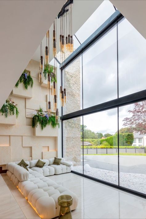 Double height structural glass reaches over 6m tall in height creating a light filled atrium to luxury new home. Glass Atrium, Atrium House, Minimal Windows, Build Home, Sutton Coldfield, Glass Extension, Double Height, Sliding Glass Doors, Steel Beams