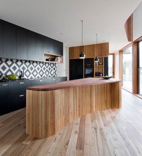 Love the tile backsplash; black cabinets with warm wood - would make our proposed island top look great! Dapur Rustic, Contemporary Kitchen Island, Black Appliances Kitchen, Rustic Home Interiors, Beautiful Kitchen Designs, Farmhouse Kitchen Island, Modern Kitchen Island, Kitchen Island Design, Island Design