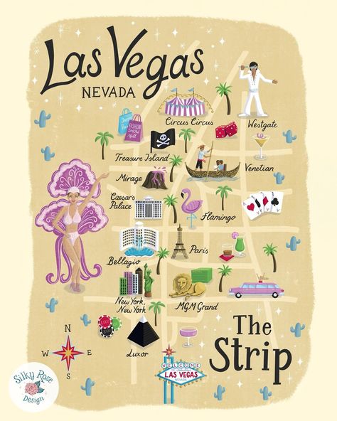 Las Vegas map! The full maps and some close up of some of my favourite details (the limo!) Where should I draw next? #illustratedmap #lasvegas #lasvegasmap #freelanceillustrator #artlicensing #vivalasvegas #sincity #mapillustration #silkyrosedesign Vegas Illustration, Las Vegas Strip Map, Guerrilla Advertising, Las Vegas Map, Rose Illustration, Illustration Portfolio, Vegas Strip, Ipad Art, Sin City