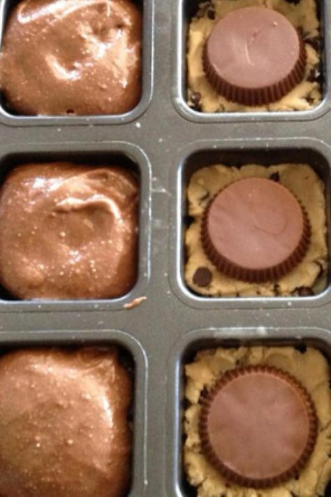 Reese's Brownies Cookie Brownie Reeses Recipe, Brownie Pan Recipes, Reese's Brownies, Pampered Chef Brownie Pan Recipes, Reeses Brownies, Pampered Chef Brownie Pan, Refrigerated Cookie Dough, Dessert Cups Recipes, Cookie Cake Pie