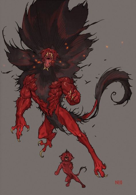 Art by Ni O*   • Blog/Website | (https://www.artstation.com/snkkof) Cool Monsters, Fantasy Beasts, Red Lion, Have Inspiration, Monster Concept Art, Creature Drawings, Demon Art, Fantasy Creatures Art, Fantasy Monster