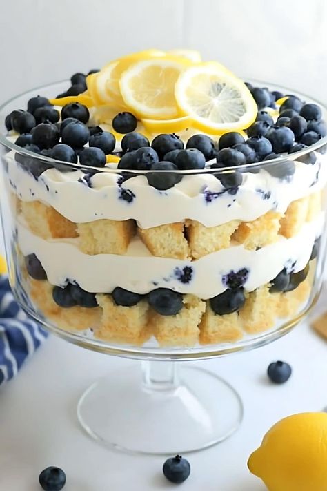 Lemon Blueberry Trifle - Insanely Good Holiday Trifle Desserts, Dessert Trifles, Angel Food Cake Trifle, Lemon Blueberry Trifle, Lemon Angel Food Cake, Blueberry Trifle, Trifle Bowl Recipes, Blueberry Pudding, Trifle Dessert Recipes