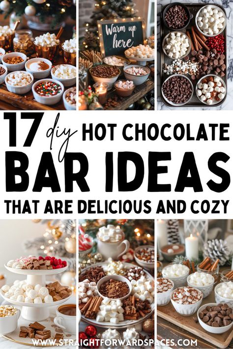 cozy and delicious DIY hot chocolate bar with holiday-themed decor and yummy toppings. Hot Chocolate Table Decorations, Cocoa Bar Station Party, Hot Chocolate Bar Alcohol, Hot Cocoa Wedding Bar, Hot Cocoa Birthday Party Ideas, Hot Toddy Bar, Hot Cocoa Bar Decor Ideas, Hot Cocoa Party Ideas, Hot Cocoa Bar Birthday