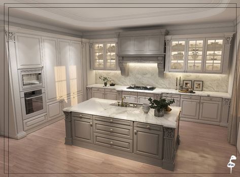 Classic kitchen Kitchen Cabinets Neo Classical, Gally Kitchen Island, Neoclassic Cabinet Kitchen, Neo Classical Interiors Kitchen, Cabinet Neo Classic, New Classic Kitchen Design, Kitchen Neoclassic Interior Design, Posh Kitchen, Classic Kitchen Design Luxury