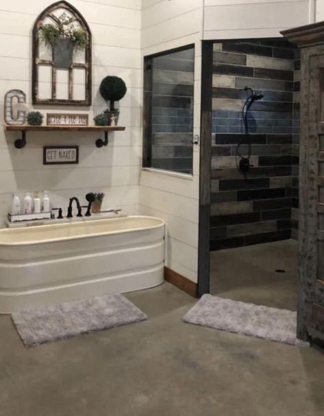 Courtny Faith Caselton Bardominum Ideas Bathroom, Small Bathroom Western Ideas, Shop House Bathroom, Barndominium Bathroom Ideas Rustic, House Update Ideas, Western Master Bath Ideas, Adding A Bathroom To A House, Inside Of Barndominium, Western Master Bath