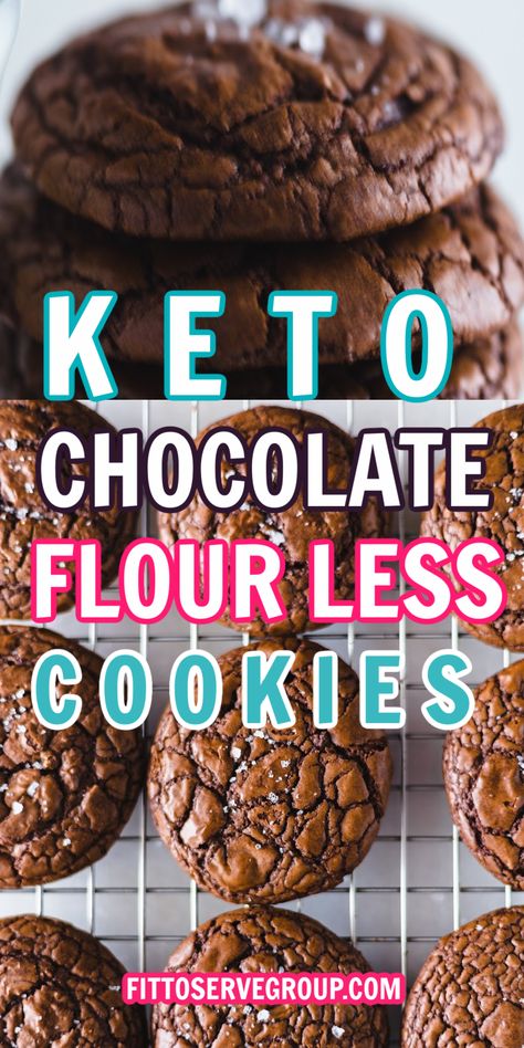 two images the first of stacked keto chocolate flourless cookies staked one on top of the other. The second image shows these rich chocolate cookies on a baking rack. Keto Pan Cookies, Keto No Flour Cookies, Keto Espresso Cookies, Keto Chocolate Chocolate Chip Cookies, Keto Fudge Cookies, Low Carb Dark Chocolate Recipes, Flourless Keto Cookies, Keto Friendly Cookies Recipes, Keto Brownie Cookies