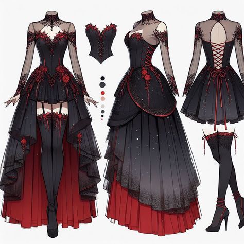 Villain Dress Drawing, Evil Dress Drawing, Outfit Fantasy Design, Outfit Ideas For Characters, Magical Outfits Drawing, Villainess Dress, Character Outfits Female, Character Clothing Ideas, Villian Dress