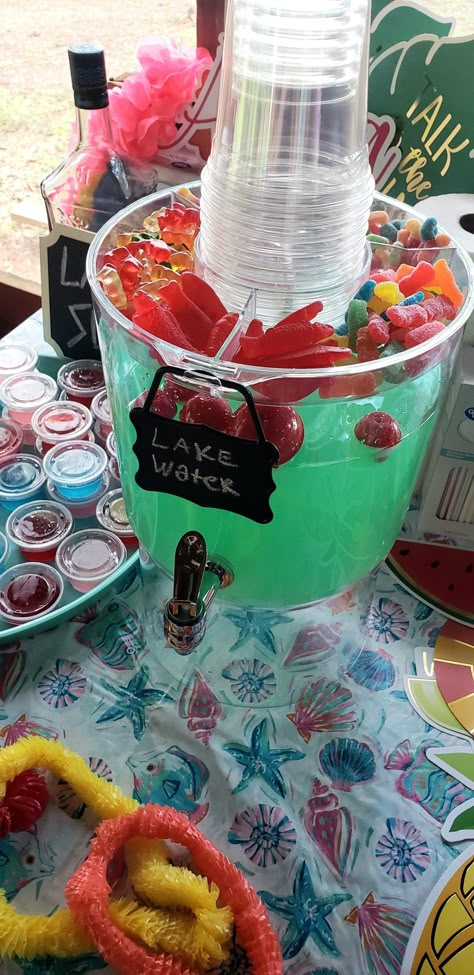 Lake Water Fishing Picnic Food, River Party Decorations, Dock Party Ideas, Bass Birthday Party, Lake Trip Food Ideas, Fishing 50th Birthday Party, Fishing Themed Bachelorette Party, Baywatch Birthday Party, Lake Water Punch