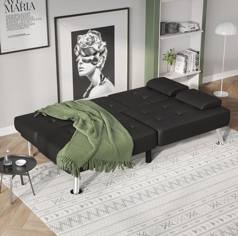 Modern Folding Futon Set Faux Leather Convertible Recliner Lounge for Living Room with 2 Cup Holders, Removable Armrests (Faux Leather, Black Futon In Office, Black Futon, Sofa Bed Modern, Couch Recliner, Faux Leather Couch, Sofa Bed For Small Spaces, Sofa Futon, Living Room Furniture Styles, Modern Sofa Bed