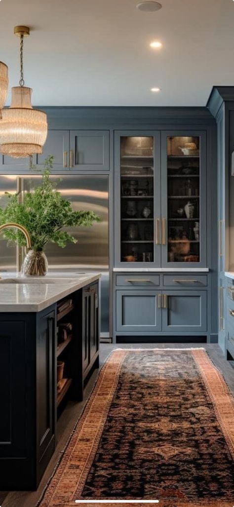 Terracotta And Navy Kitchen, Navy Lower Kitchen Cabinets, Blue Kitchen Cabinets Brown Granite, Moody Traditional Kitchen, French Blue Kitchen Cabinets, Blue Stained Kitchen Cabinets, Maroon Cabinets, Dusty Blue Cabinets, Navy Blue Cabinets Kitchen