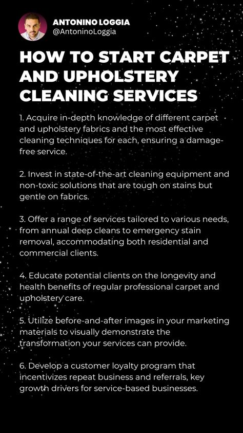 To start a carpet and upholstery cleaning business, focus on acquiring the right equipment and skills. Get certified to enhance your credibility and knowledge. Offer specialized services, such as stain removal or allergen reduction, to differentiate your business. Create maintenance packages and foster relationships with furniture stores for referrals. Digital marketing and word-of-mouth will be key in growing your client base for carpet and upholstery cleaning services. Carpet Cleaning Business, Leadership Skill, Cleaning Techniques, Carpet Cleaning Service, Social Media Marketing Content, Stain Removal, Cleaning Business, Marketing Content, Cleaning Equipment