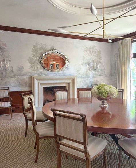 A Place To Gather: Dining Room Murals | Susan Harter Muralpapers Dining Room Wainscoting And Wallpaper, Wainscoting And Wallpaper, Dining Room With Wallpaper, Scenic Mural, Susan Harter, Dining Room Murals, Room Murals, Wood Wainscoting, Dining Room Wainscoting