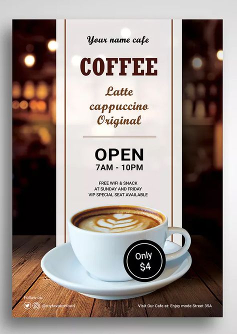 Coffee Shop Promo Flyer Template PSD - A4. Download Coffee Shop Flyer, Coffee Poster Design, Promo Flyer, Coffee Shop Menu, Cafe Posters, Coffee Bar Design, Restaurant Poster, 광고 디자인, Coffee Menu