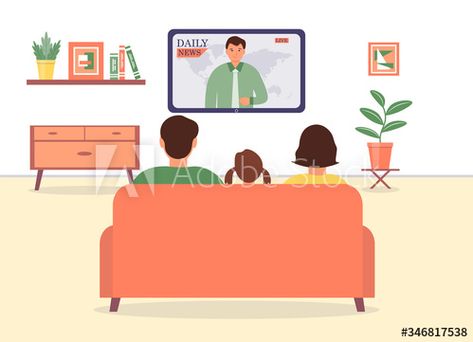 The family watches daily news on TV while sitting on the couch in the living room. Cute vector illustration. #AD , #news, #TV, #sitting, #family, #watches News On Tv, Cute Vector Illustration, Mom Drawing, Sitting On The Couch, Room Cute, Fonts Creative, Cute Vector, Art Fonts, Daily News