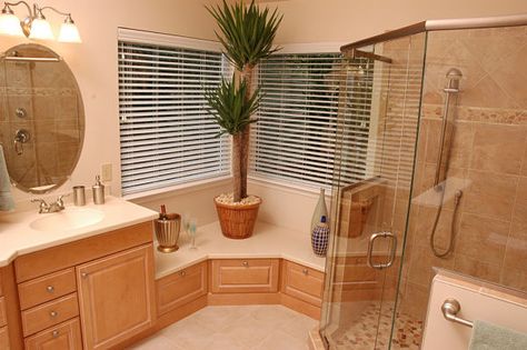 Corner Shower Ideas With Window, Bathroom With Corner Windows, Shower With L Shaped Bench, Corner Shower Bench Built In, Master Bathrooms With Corner Vanity, Corner Shower With Window Master Bath, Master Bath With Corner Windows, Removing Corner Tub Master Bath, Corner Window Seat