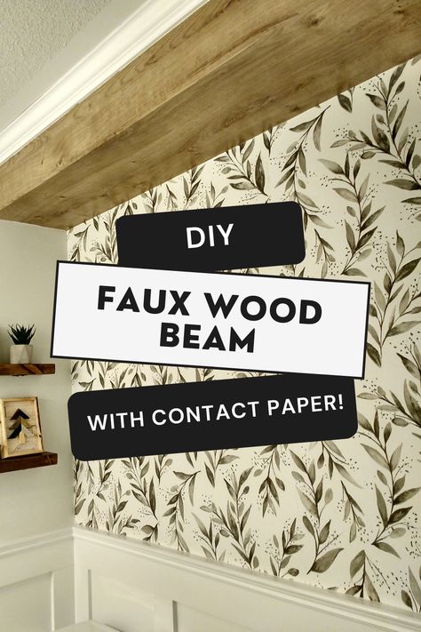 DIY faux wood bulkhead using wood grain contact paper! #contactpaperideas #fauxwoodbeam #fauxwoodbulkhead #diyfauxwood #coverbulkhead #contactpaperbeam #contactpaperbulkhead Beam Covering Ideas, Fake Wood Beams, Faux Wooden Beams, Wood Grain Contact Paper, Contact Paper Wall, Kitchen Soffit, Fake Wood, Look Wallpaper, Faux Window