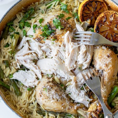 Whole Roasted Chicken in a Pot with Lemon Orzo Recipe | Sur La Table Chicken With Lemon Orzo, Chicken In A Pot, Chicken With Orzo, Chicken Main Course, Orzo Recipe, Chicken With Lemon, Cute Food Ideas, Lemon Orzo, Orzo Recipes