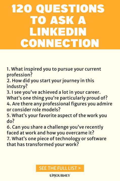 Explore the ultimate list of 120 thought-provoking questions to ask your LinkedIn connections. Use these questions to spark meaningful conversations, deepen professional relationships, and uncover shared interests. Elevate your networking game and make the most of your connections on LinkedIn! Linkedin Connections, Professional Relationships, Feedback Questions, Thoughtful Questions, Work Etiquette, Psychology Terms, Friendship And Dating, Professional Networking, Personal Achievements