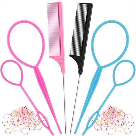 Set of 6pcs hair loop styling tool includes 4pcs Hair Braid Accessories Ponytail Maker (blue,rose), and 2pcs Made Steel Pin Rat Tail Carbon Fiber combs (blue, black). An additional 100 high stretch Colored elastic Rubber Hair Ties. Hair tail tools are made of flexible environmental protection plastic, tough and durable, easy to rebound. The Rat Tail Comb Metal Pin Tail Braiding Comb is made of carbon fiber material, which is resistant to static electricity and high temperature. Hair Loop Tool, French Braid Tool, French Braiding, Hair Accessories Braids, Basic Hairstyles, Hair Tool Set, Hair Loop, Braid Tool, Braid Accessories