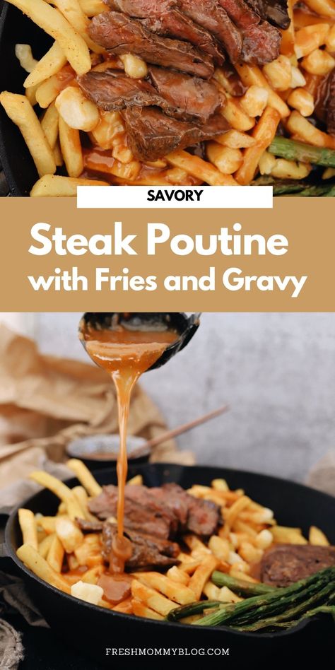 Steak Fries And Gravy, Loaded Fries With Steak, Poutine Recipes Ideas, Steak And French Fries, Steak Poutine, Steak Frites Recipe, Poutine Gravy Recipe, Fries And Gravy, Poutine Recipes