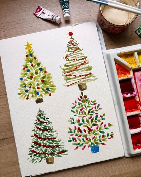 Christmas Easy Drawings, Christmas Watercolor Paintings Easy, Easy Christmas Watercolor, Christmas Watercolor Paintings, Easy Watercolor Christmas, December Bujo, Watercolor Christmas Trees, Evening Painting, Watercolor Christmas Cards Diy