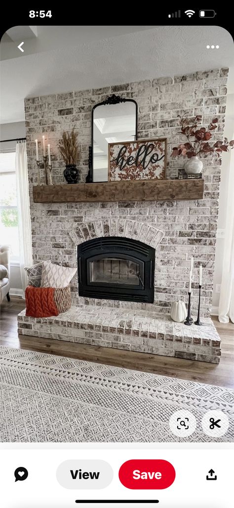 Full Length Wall Fireplace, Farmhouse Niche Decor Ideas, Large Brick Fireplace Decor, Fireplace Makeover Before And After Brick, Whitewash Brick Fireplace Decor, Fireplace Resurfacing Ideas, Rustic Farmhouse Living Room With Fireplace, Woodburning Fireplace Ideas, Dining Room With A Fireplace