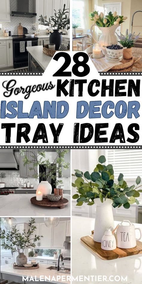 kitchen island decor tray ideas Round Tray Decor Kitchen, Small Kitchen Island Decor, Island Tray Decor, Kitchen Island Centerpieces, Easy Kitchen Island, Decor Tray Ideas, Kitchen Island Tray Decor, Kitchen Island Tray, Island Countertop Decor