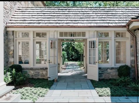 Country Alfresco, Enclosed Breezeway To Garage, Breezeway Ideas To Garage Enclosed, Breezeway Mudroom, Enclosed Breezeway, Harkaway Homes, Exercise Room, Porte Cochere, Side Yard