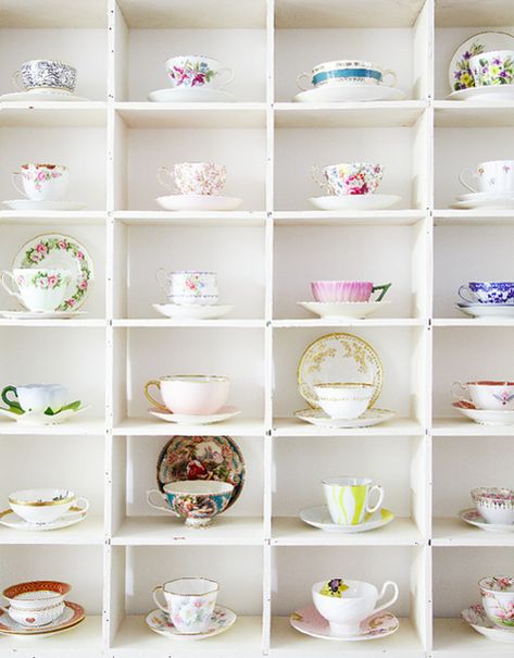 51 Display Ideas for Your Collections                                                                                                                                                                                 More White Shelving, Tea Cup Display, Teacup Collection, Tea Cup Collection, Cup Collection, Colorful Roses, Vintage Teacups, My Cup Of Tea, Cups And Saucers