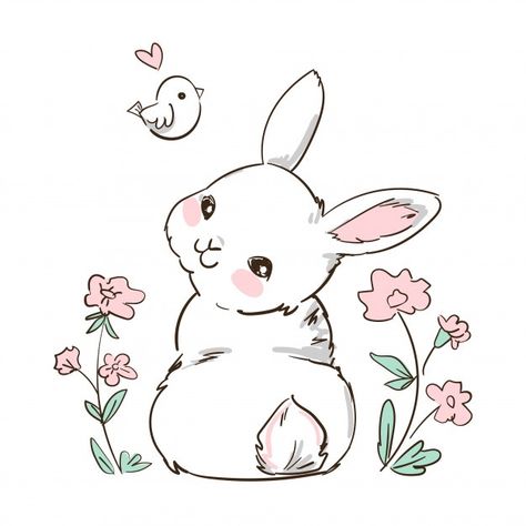 Hand drawn bunny and little bird, flower... | Premium Vector #Freepik #vector #flower #cartoon #bird #animal Cute Bunny Drawing Simple, Hase Tattoos, Doodles Bonitos, Cute Cartoon Rabbit, Lapin Art, Rabbit Drawing, Art Mignon, Bunny Drawing, วอลล์เปเปอร์ Apple Watch