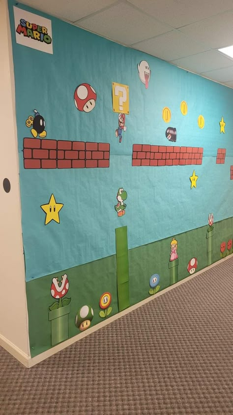 Super Mario Bros Office Decor, Super Mario Brothers Classroom Theme, Mario Bros Themed Classroom, Diy Super Mario Backdrop, Mario Bros Office Decorations, Super Mario Classroom Decorations, Mario Theme Decorations, Mario Hallway Decorations, Mario School Decorations