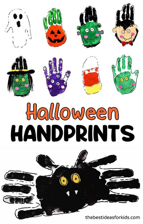 HALLOWEEN HANDPRINT CRAFTS 🎃 👻🦇 - cute handprint art ideas for Halloween! Autumn Handprint Art, Hand Print Halloween Art, Hand Halloween Crafts, Autumn Handprint Crafts, Halloween Hand Prints, Halloween Hand Print Art, Hand Print Halloween Crafts, Pumpkin Handprint Art, Halloween Handprints