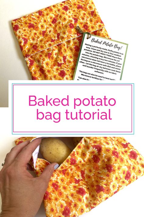 Sew a bag to make the perfect baked potato in just 5 minutes using a microwave. This tutorial will guide you through sewing a potato bag that is ideal for everyone, from shift workers needing a quick, delicious meal to college students craving home comforts. Even children can get in on the fun under supervision. And print off the free tag with care and use instructions. Microwavable Potato Bag, Potato Sewing Pattern, Microwave Baked Potato Pouch, Potato Sack Diy, Baked Potato Microwave Bag, Microwave Potato Bag Instructions, Baked Potatoes In The Microwave Bag, Microwave Baked Potato Bag Pattern, Crochet Potato Bag