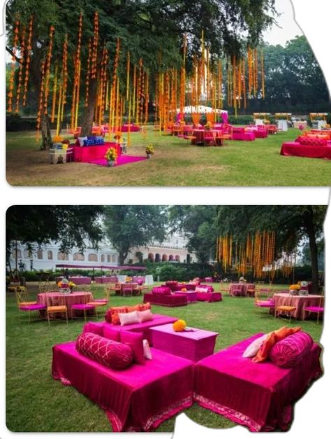 Mehndi Seating Decor, Mendhi Decoration Ideas Outdoor, Mehendi Seating Decor, Outdoor Sangeet Decor Ideas, Minimal Haldi Decor, Mehendi Decor Outdoor, Jaago Decor, Outdoor Mehndi Decor, Outdoor Mehendi Decor Ideas