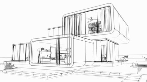 Photo architect draft modern house | Premium Photo #Freepik #photo #3d-architecture #house-project #house-plan #architecture-design Villa Sketch, Building Sketches, Villa Exterior, Plan Architecture, Project House, Drawing Architecture, Perspective Drawing Architecture, Building Sketch, Architecture Design Sketch