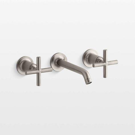 wall mount storage bathroom: Crate & Barrel Search Results Wall Mount Tub Faucet Master Bath, Bathroom Wall Faucets, Brushed Brass Bathroom, Polished Nickel Bathroom, Wall Mount Faucet Bathroom Sink, Kohler Purist, Kohler Faucet, Silver Cabinets, Wall Faucet